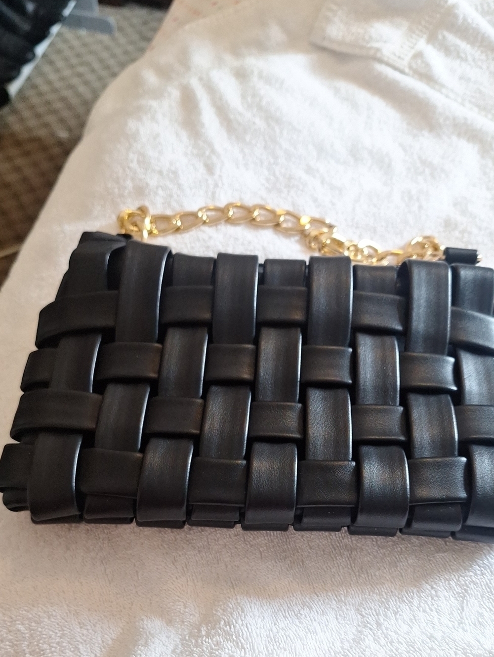 Woven Leather-Style Chain Shoulder Bag - Black